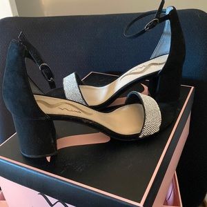 Used Black Glam Suede size 7M 2.5 inch block sandal heel